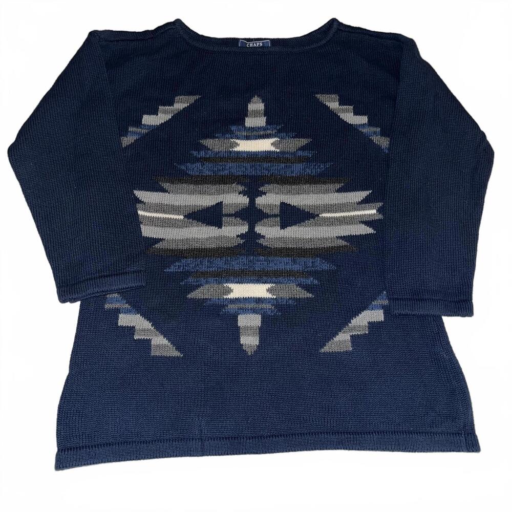 Chaps Women's Navy Blue Cotton Sweater Geometric Western Knit Grandma Small